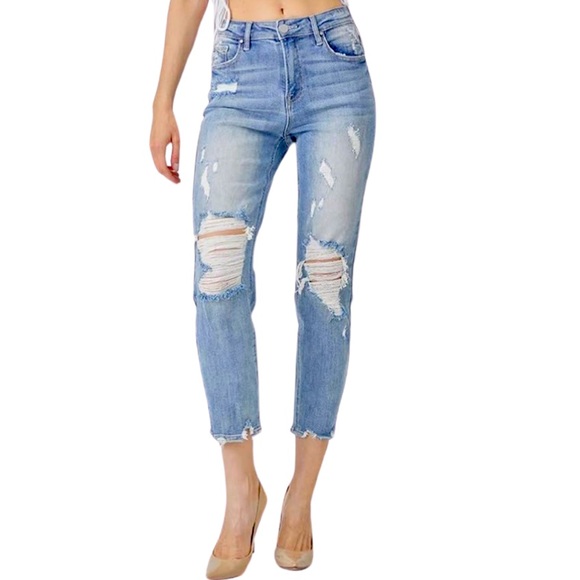Risen Jeans Denim - RISEN Jeans Distressed High Waist Relaxed cropped Skinny Jeans Size 7/28